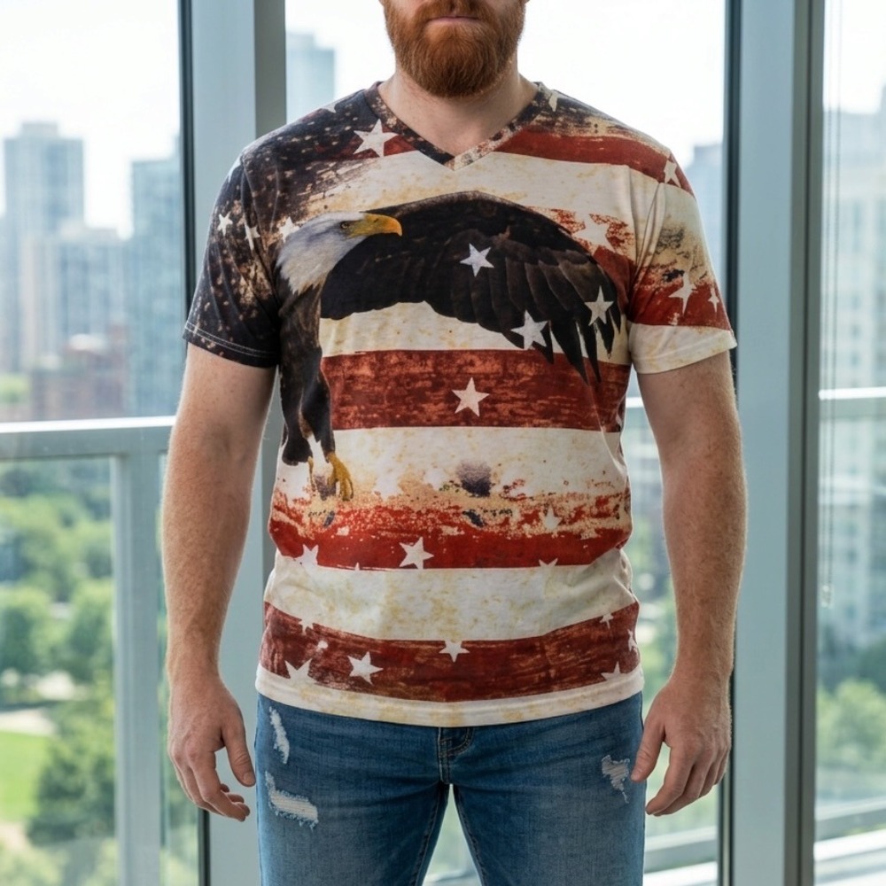 True Rock Mens XXL V-Neck T-Shirt American Flag Bald Eagle Patriotic Graphic Tee